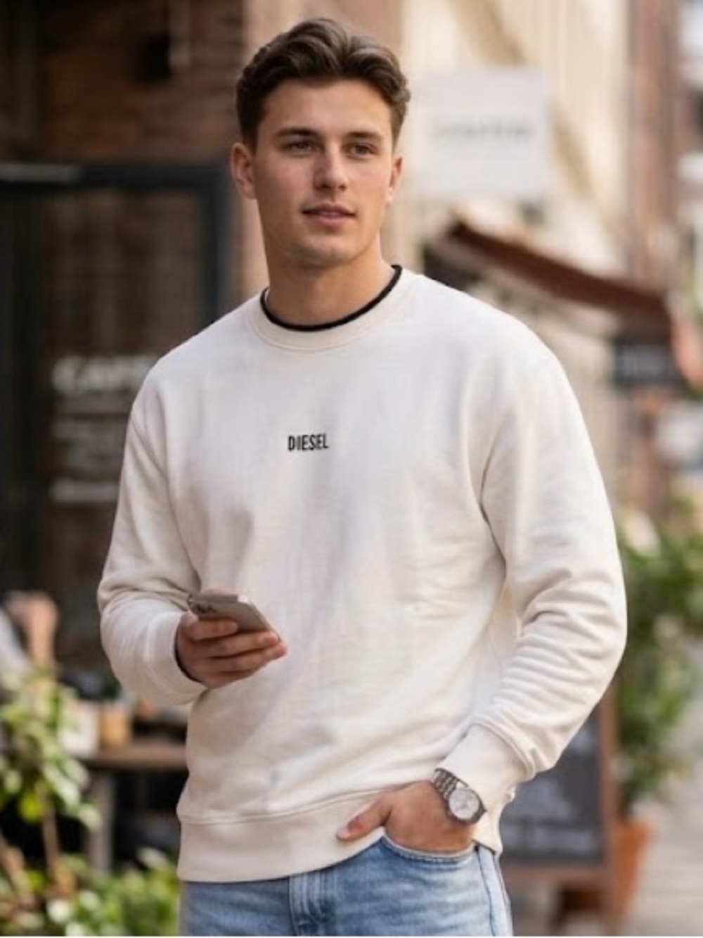 Diesel Men’s Crewneck Sweatshirt Cotton Blend Long Sleeve Cream Size M